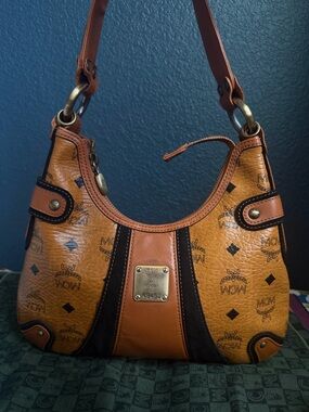 MCM Cognac and Dark Brown Small Hobo Shoulder Bag